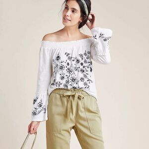 Anthropologie Annie Embroidered Off The Shoulder Top size XS White Black